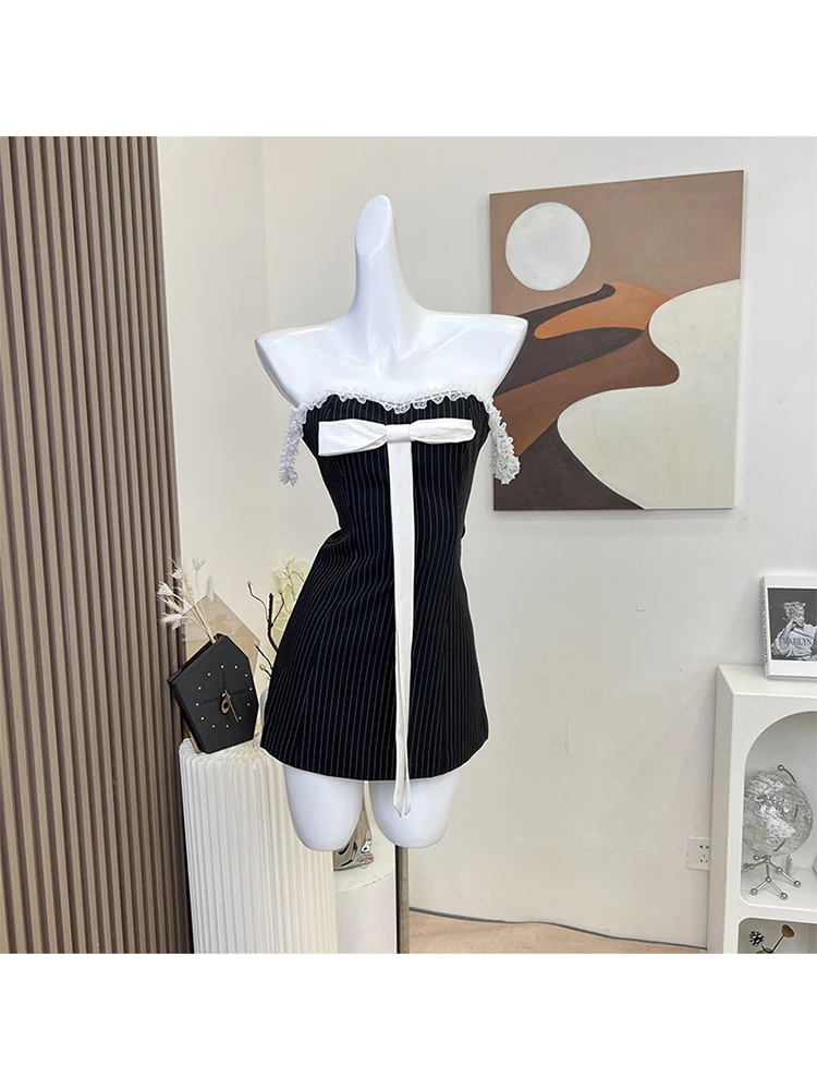 Fashion Elegant Women Fairy Dress Slim Sexy Strapless Backless Casual Chest Wrapping Bow Lace Patchwork Prom Gown Luxury Summer