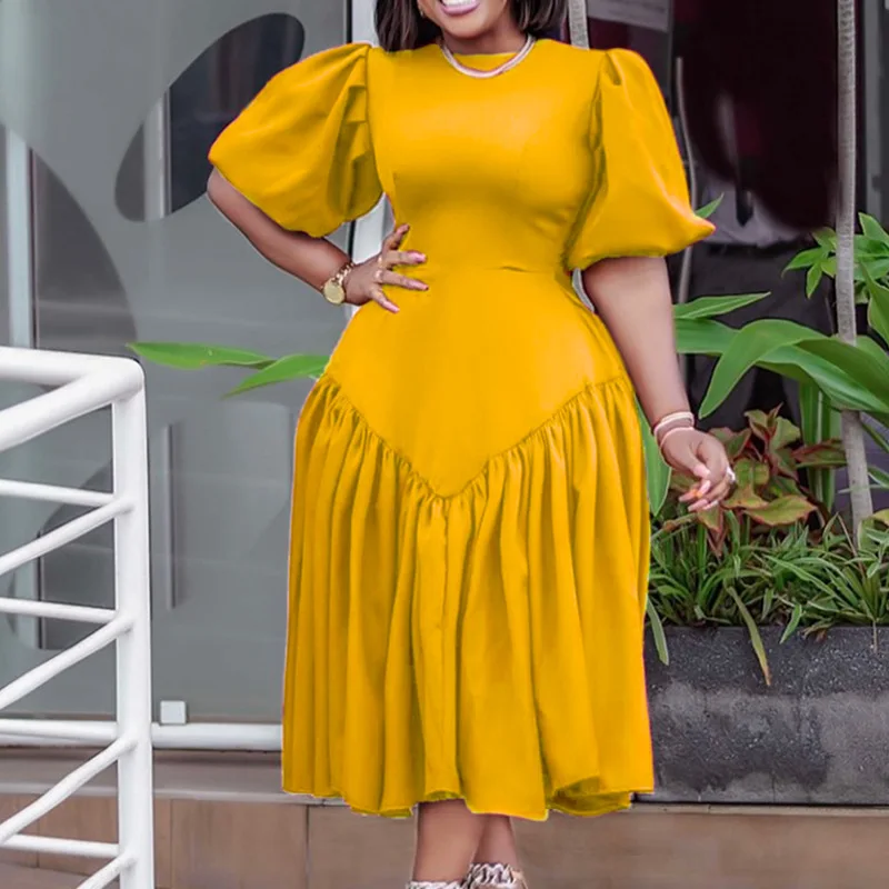 Plus Size Women's Clothing Pleated Solid Color Fashion Half Puff Sleeve Summer Round Neck High Waist Elegant Mid-calf Dress