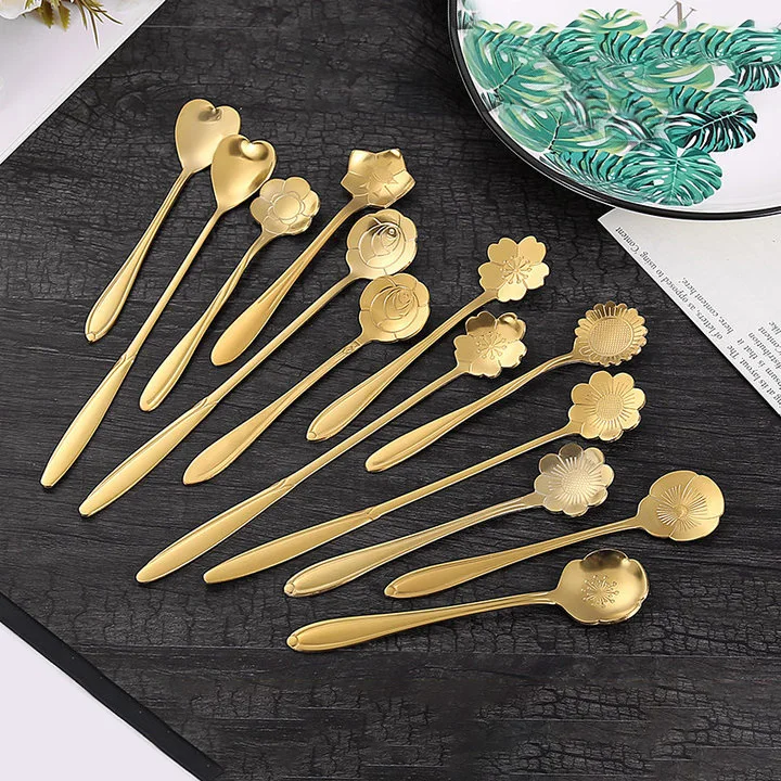 Description Picture 2 of item8/12Pcs Stainless Steel Cherry Rose Flower Gold Scoop Coffee Spoon Gifts Kitchen Dessert Tea Accessories Tableware Decoration