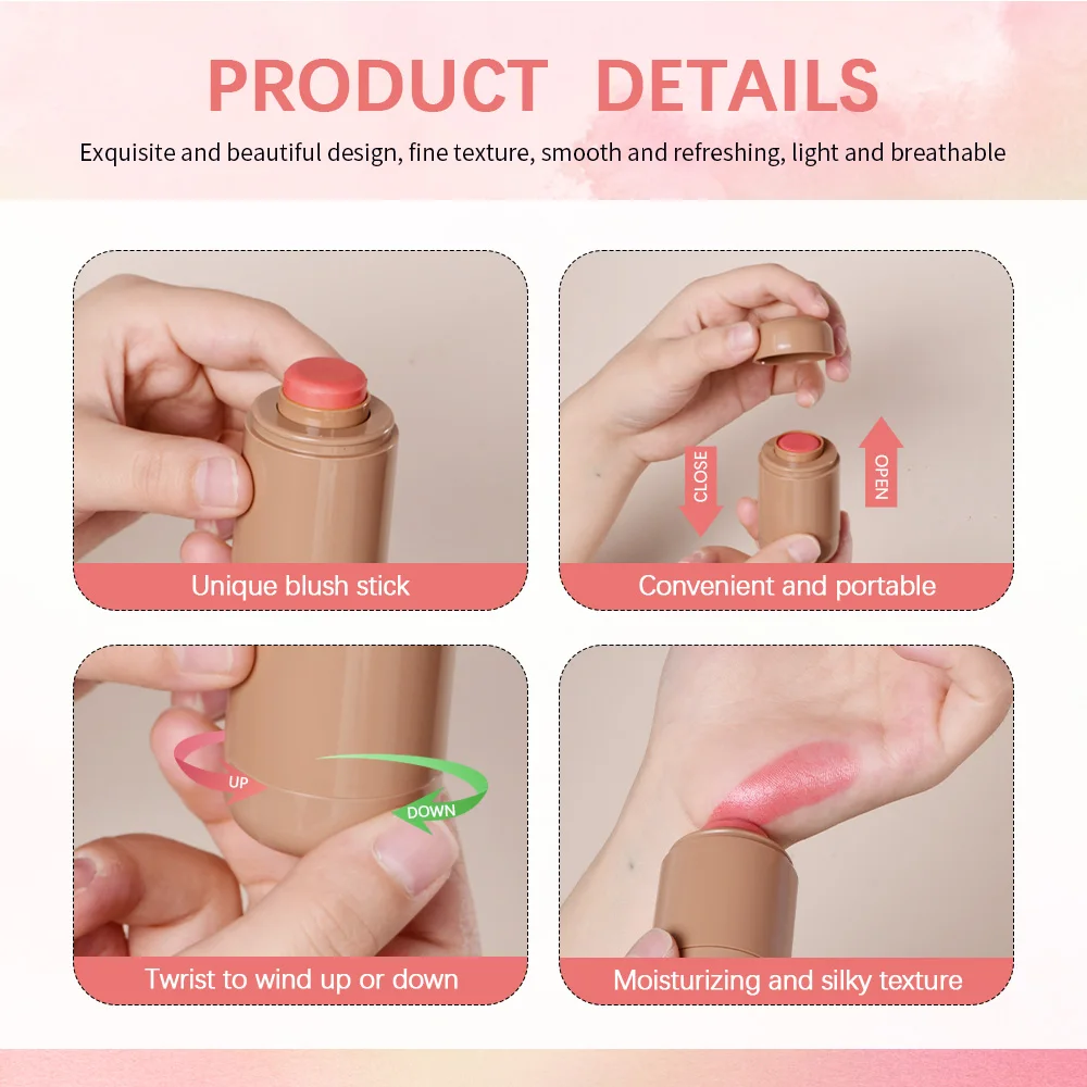 Beauty Blush Stick Multi-use For Lips Cheek Long-lasting Hydrating Highlights Brighten Soft Natural Flush Cream blush stick