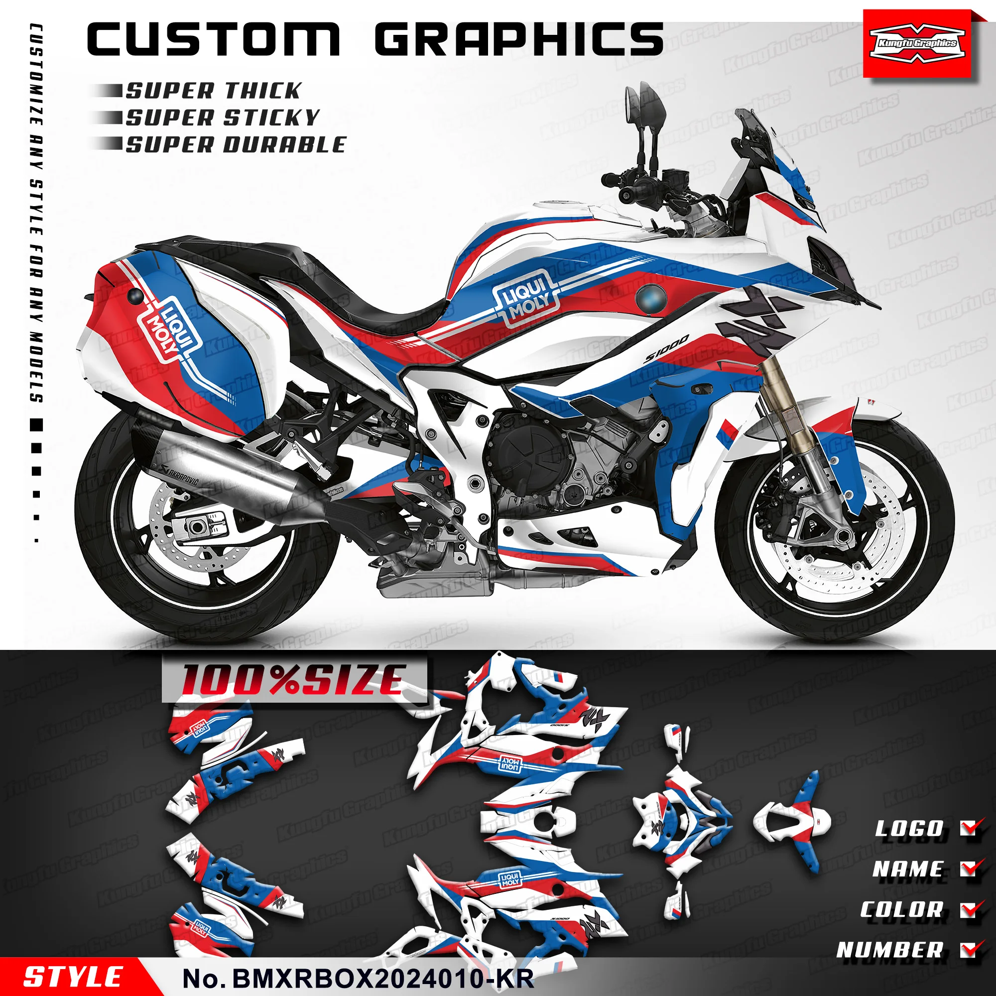 

KUNGFU GRAPHICS Personalised Stickers Full Vinyl Wrap Kit for BMW S 1000 XR S1000XR 2020 2021 2022 2023 2024, Blue White Red