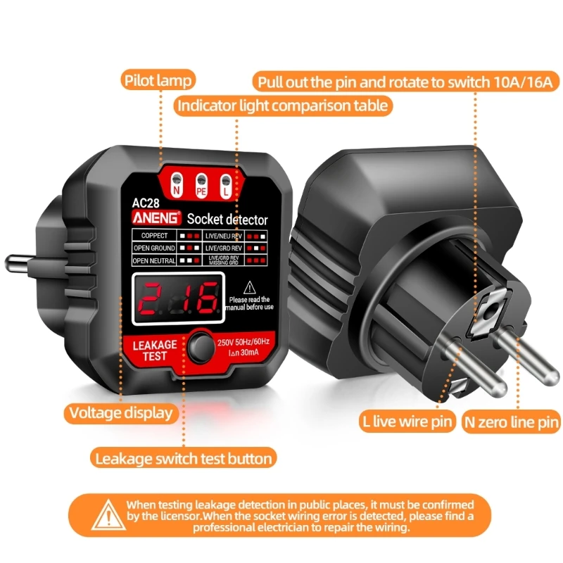 EU UK Plug Socket Tester Outlet Tester Automatic Electric Circuit Polarity Phase Voltage Detector Wall Plug Breakers Finder