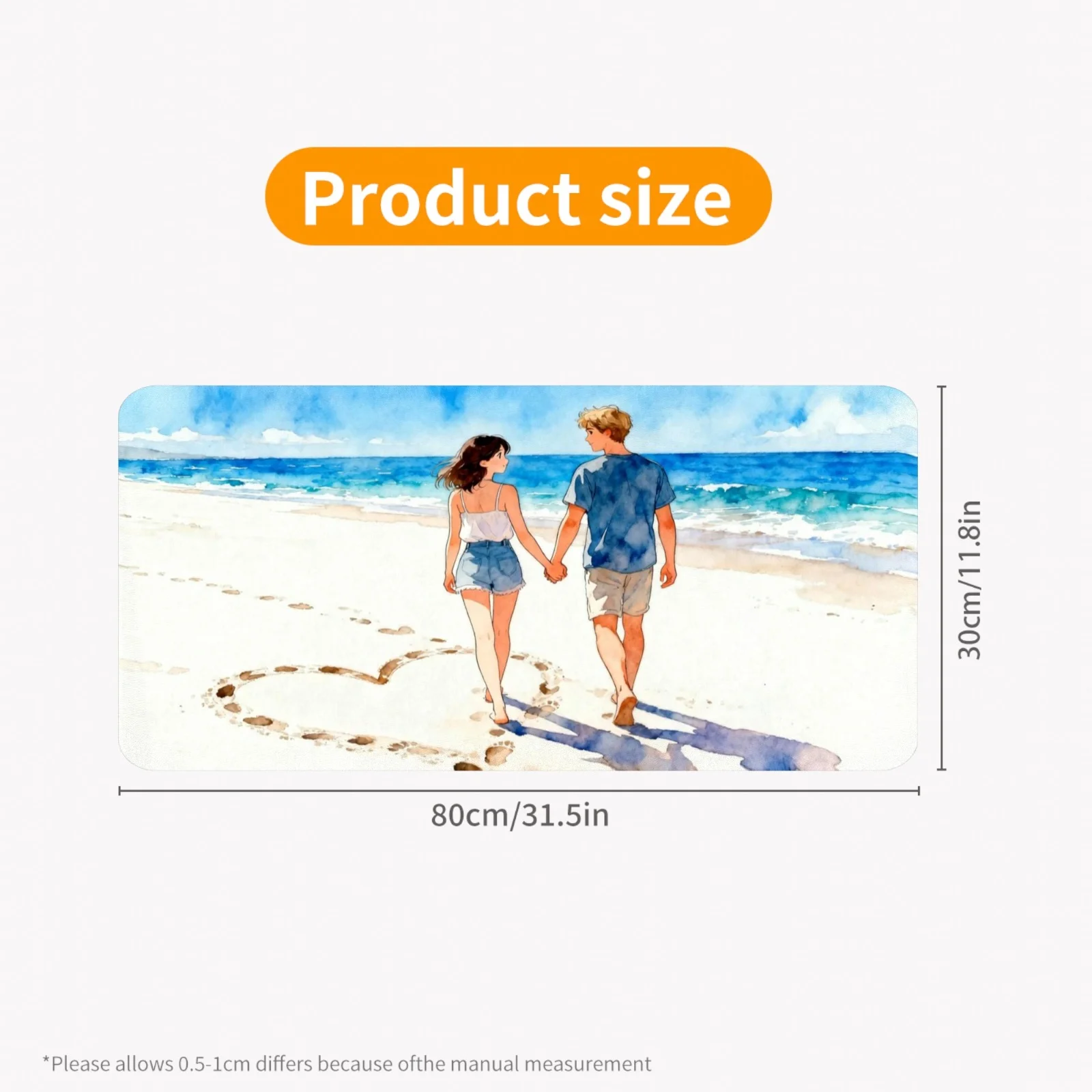 블루 하트 풋프린트 비치 마우스 패드 11.8x31.5인치 미끄럼 방지 고무 베이스 사무실 게임용 매끄러운 표면