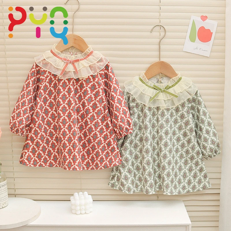 

Little Fragrance Wind Girls Dress 2023New Spring Autumn Kids Floral Dress For Children Long Sleeve Mesh Collar Casual Dress 1-4Y