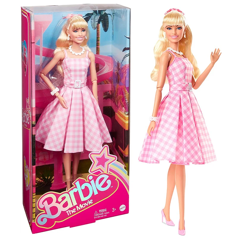 

Barbie New Movie Character Doll Kawaii Wearing Pink and White Plaid Dress with Daisy Chain Necklace Children Birthday Gift Toys