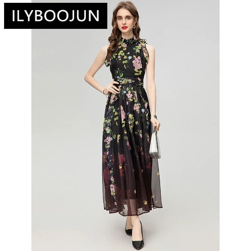 

ILYBOOJUN Fashion Designer Spring Tank Long Dress Women Stand Collar Sleeveless Folds Ruffles Flower Print Elegant Party Dress