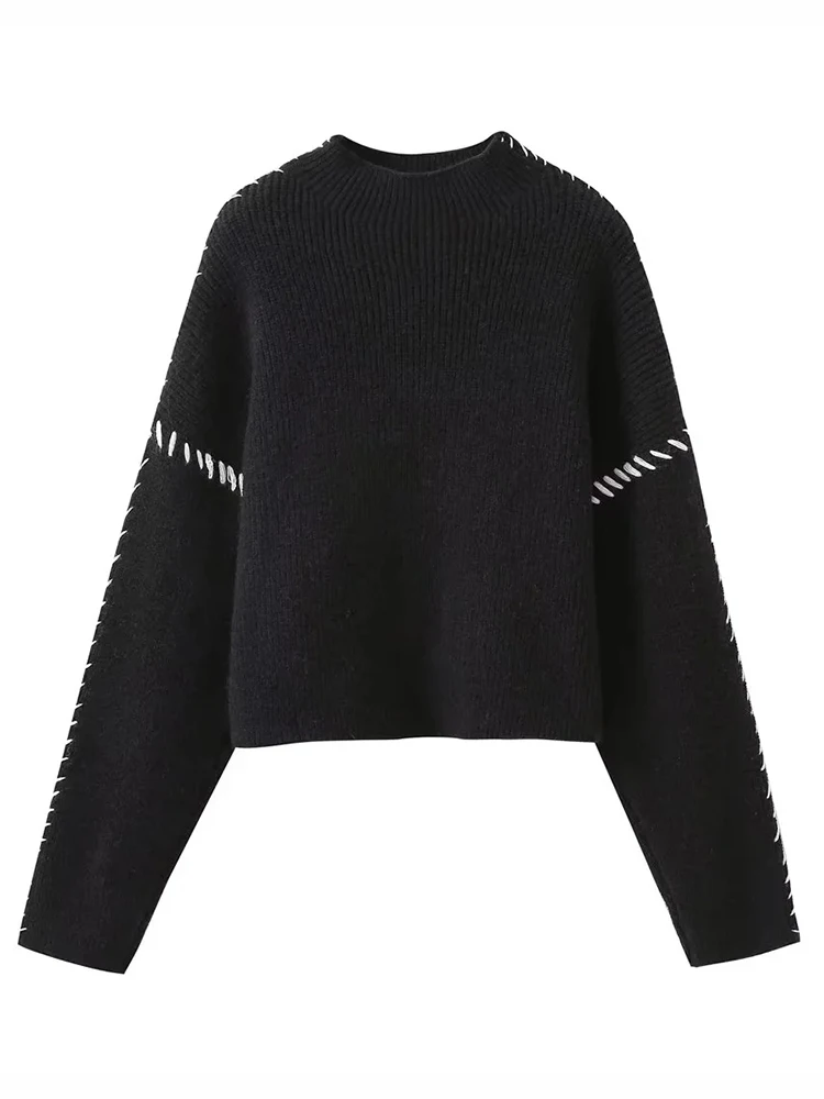 

Women Knitted Sweater Pullovers Casual O Neck Long Sleeve Crop Top Autumn Winter Female Patchwork Sweaters Jumper Streetwear