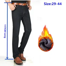 Fleece Jeans For Men Winter Black Denim Tall 117CM Extra Long Plus Size 44 42 Slim Warm Straight Stretched Pants Large Trousers