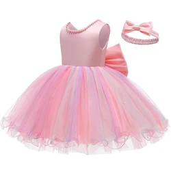 Elegant White Baby Dress with Big Bow - Perfect for Weddings, Baptisms, and First Birthdays (Pink)
