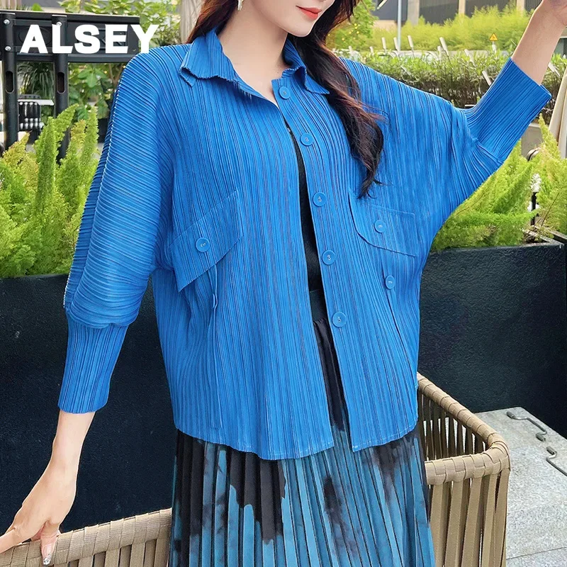 

ALSEY Miyake Pleated Loose Shirt Women's Spring Fall New Jacket Vertical Fake Pockets Bat Streetwear Sleeve Design Slim Top