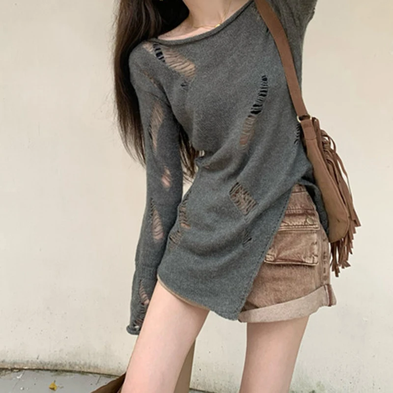 

Autumn New Fashion Ripped Design Pullovers Women Korean Baggy Chic Simple Knitted Sexy Smock Streetwear Vintage Sweaters