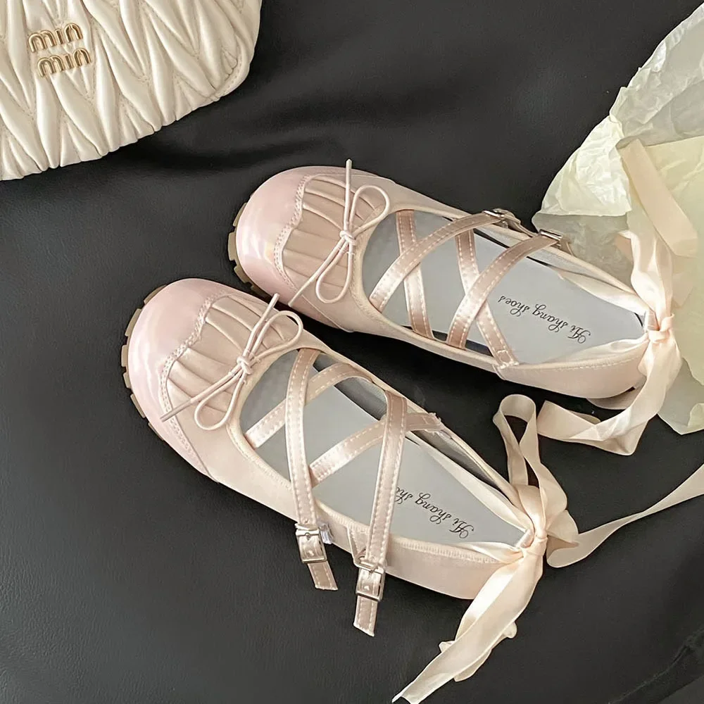 Ballet Flat Mary Jane Shoes Women Soft Bottom Puff Ballerina Slippers Summer French Style Knot Tie Sport Shoes