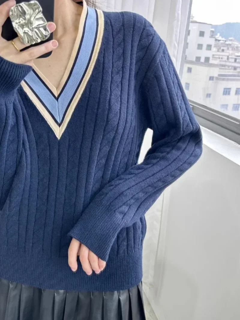 

Women's Sweater Contrast Color V-Neck Letter Embroidery Long Sleeve 2023 Autumn Winter Knitwear Pullover
