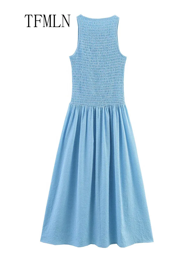 TFMLN Chic Casual Plaid Women Dresses Elegant O-Neck Pleated Sleeveless Long Pullover Dress 2025 Fashion Summer Female Vestido