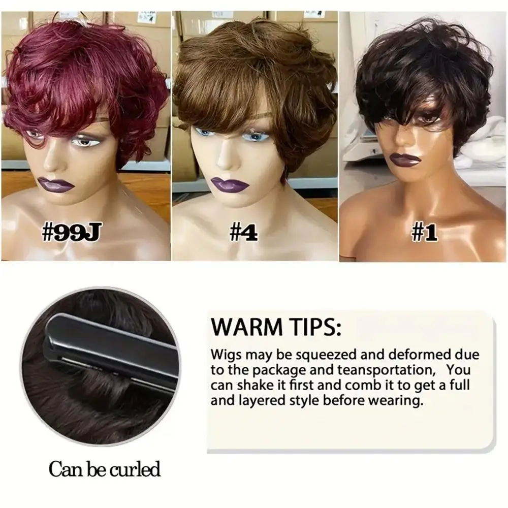 Human Hair Wigs for Women 6 Inch Short Wavy Pixie Cut 180% Density