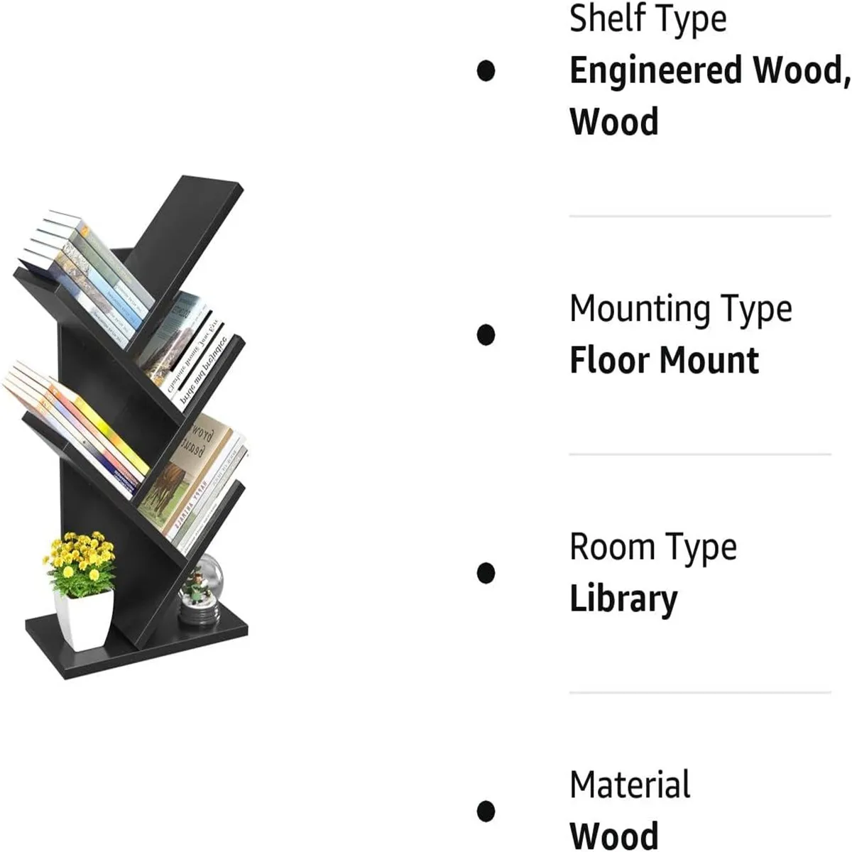 4-Shelf Tree Bookshelf 4 Tier Floor Standing Bookcase for CDs/Magazine/Books Small Book Organizer for Bedroom Living Room Office