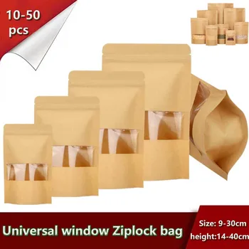 10-50pcs Upright Seal Bone Zipper Kraft Paper Window Bags for Biscuits Nuts Snacks Tea Packaging Seal Self-Sealing Bags 1