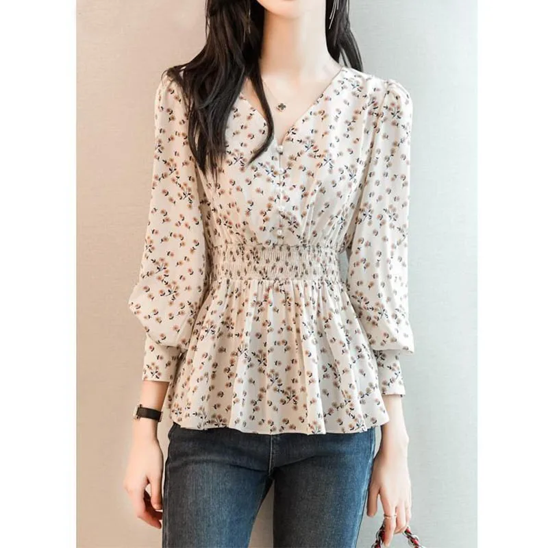 Vintage Elegant V-Neck Floral Shirt Women's Clothing Fashion Spring Long Sleeve New Buttons Spliced Waist Slim Blouses Female