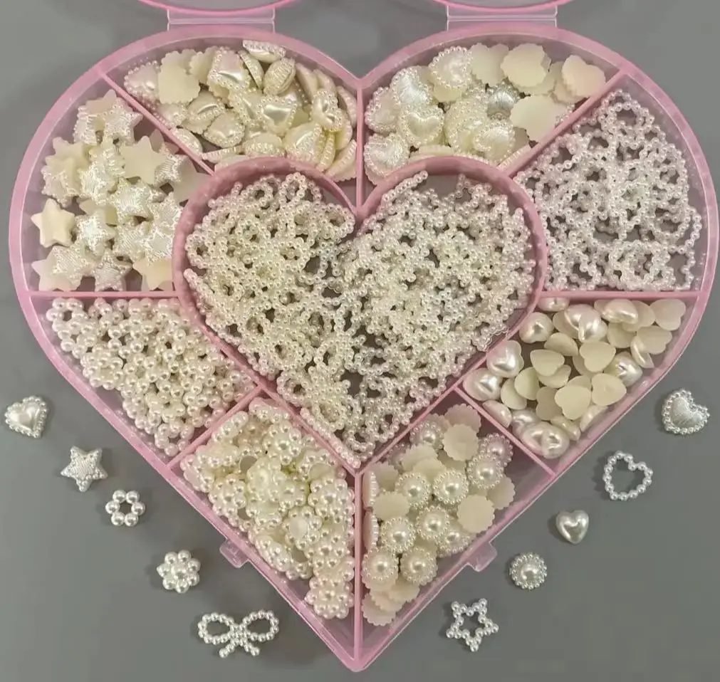 Pink Heart Boxed 500pcs Mixed Pearl Love Bow Star Butterfly French Ballet Princess Ballerina Nail Art Charms Decoration Gem Set 3