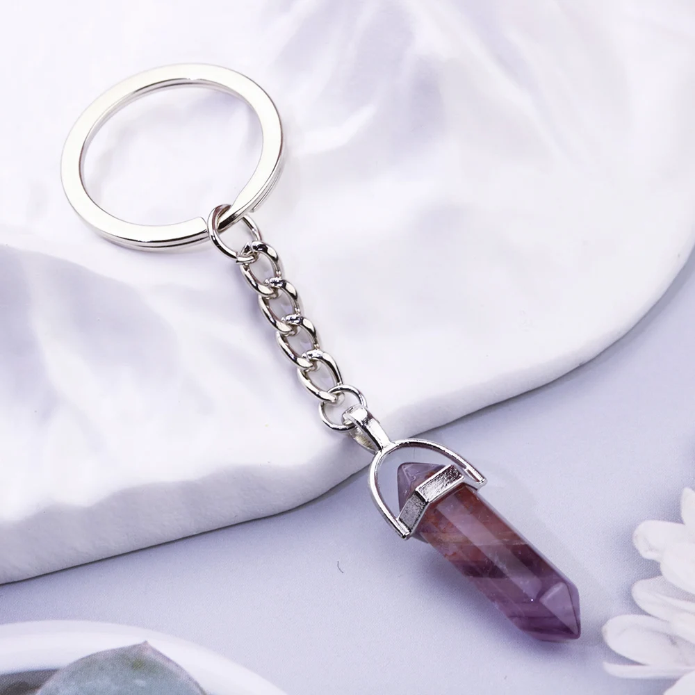 20pcs Natural Six Angle Raw Ore Stone Keychain Crystal Quartz Women Men Car Key Ring Holder  Keyring Jewelry
