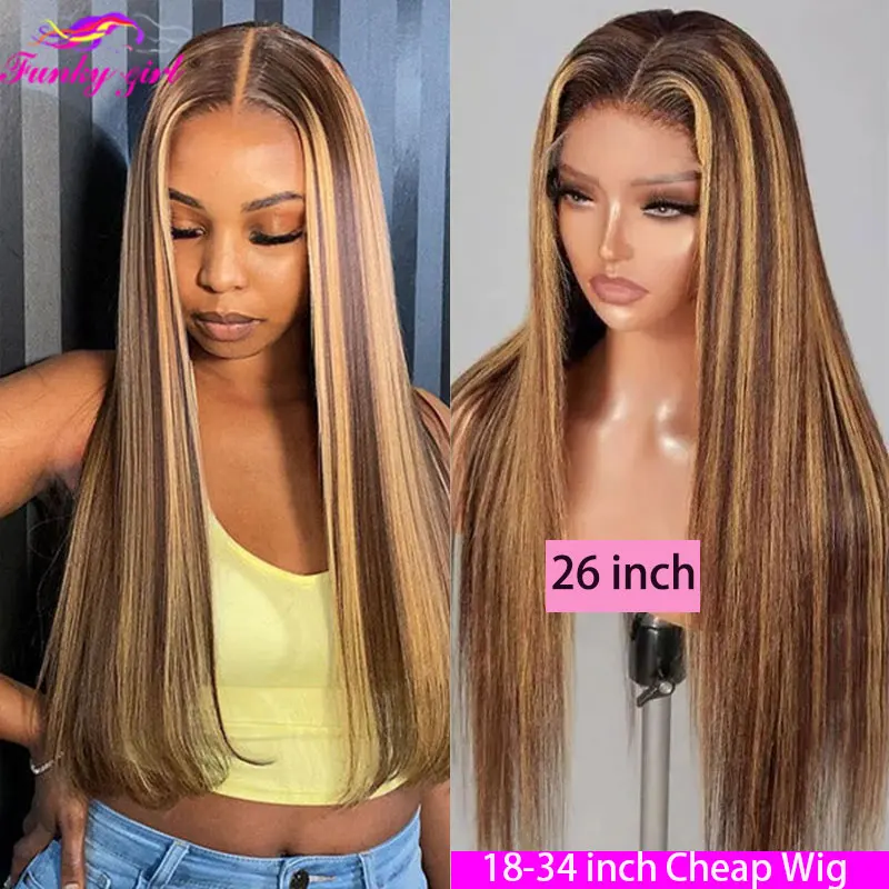 aliexpress.com - Highlight Brown Straight Lace Front Wig Human Hair Wigs For Women Lace Closure Wig Pre Plucked Honey Blonde Colored Cheap Wigs