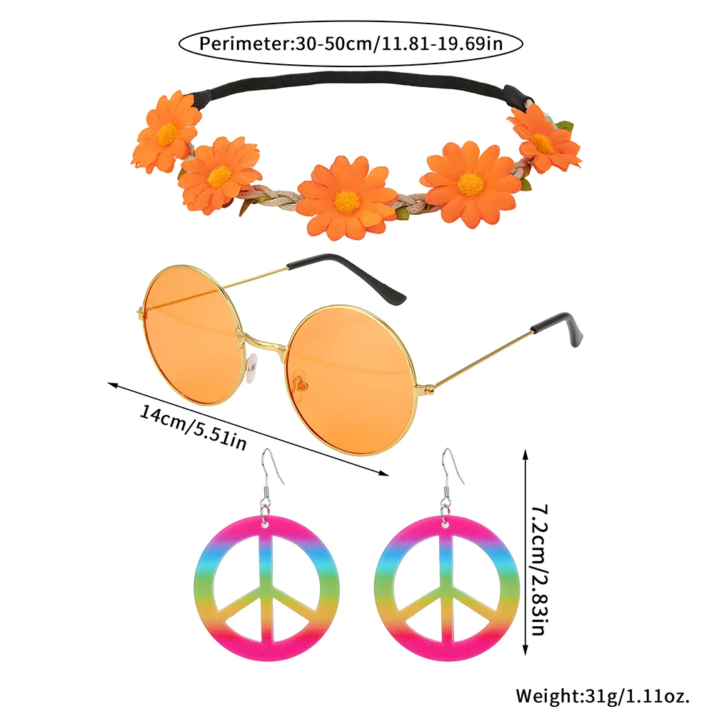 60s 70s Hippie Accessories Kit Flower Headband Red Sunglasses Peace Earrings for Halloween Costume, Woodstock Themed Party, Cosp - 6