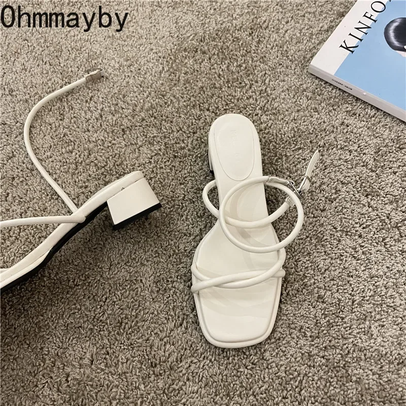 Women Sandals Summer Narrow Band Thick Heel Open Toe Ankle Strap Dress Pumps