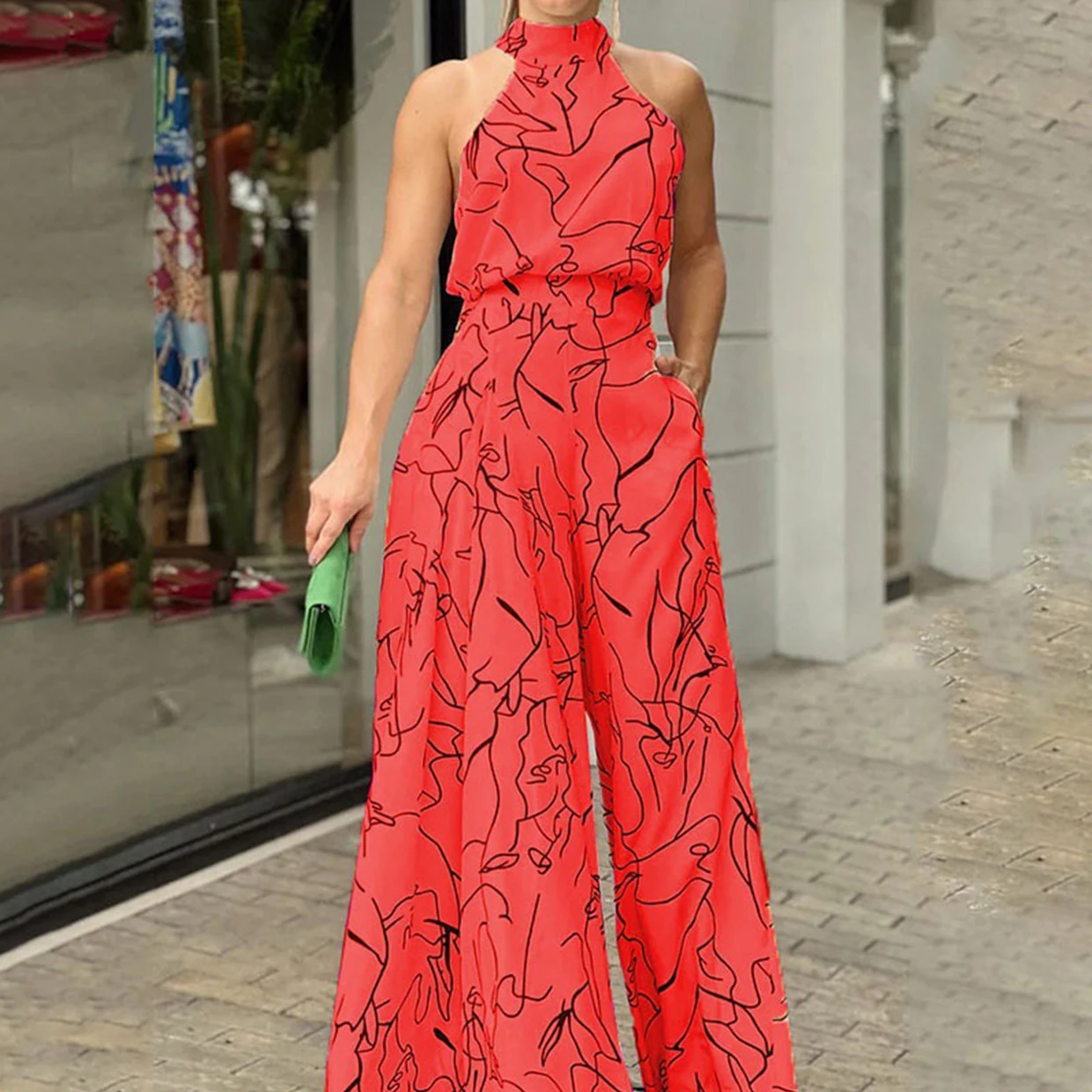 2024 Summer Elegant Women Abstract Print Jumpsuit Chic Streetwear Wide Leg Romper Mujer Halterneck Bodycon Sleeveless High Jumps
