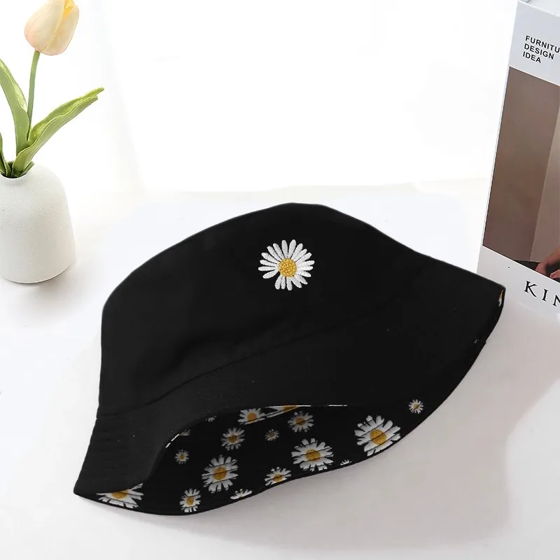 Çift taraflı Balıkçı Şapkası ile Küçük Papatya Çiçekleri Evrensel Pamuk Güneş Koruma Kapağı Öğrenci Pot Şapka Açık Güneş Şapkaları