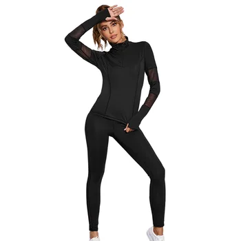 1 Set Winter Fitness Yoga Set Women Solid Color Stretch Athletic Suit Zipper Jacket High Waist Leggings Female Sportswear Black 5