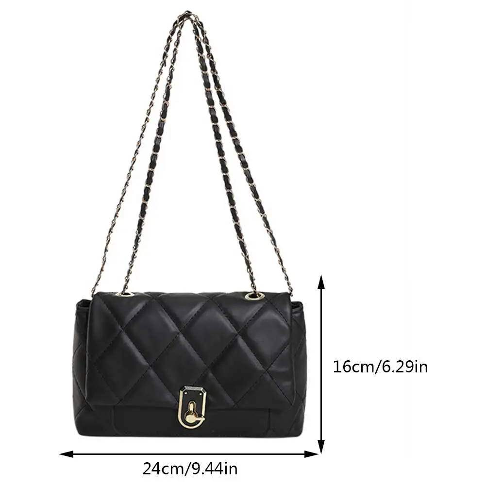 Women's Black Leather Quilted Bag Flap Square Chain Shoulder Bags Big Size