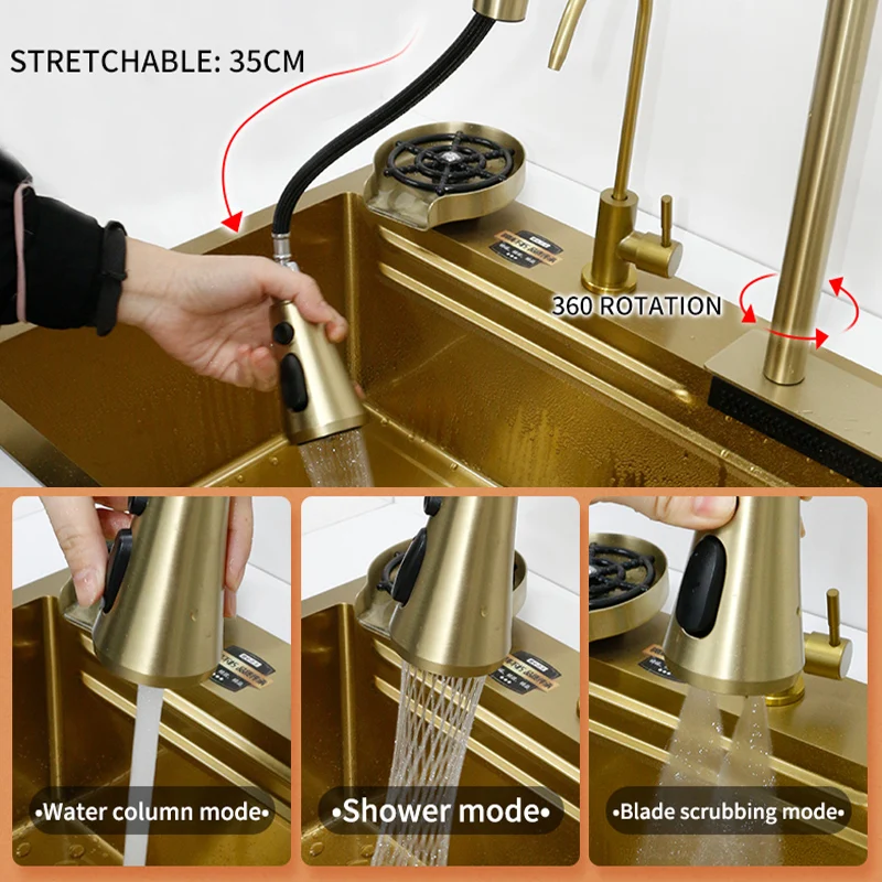 YCRAYS Golden Nano Multifunctional Kitchen Sink 4 Mode Waterfall Faucet Large Single Bowl Soap Dispenser Pure Tap Cup Washer