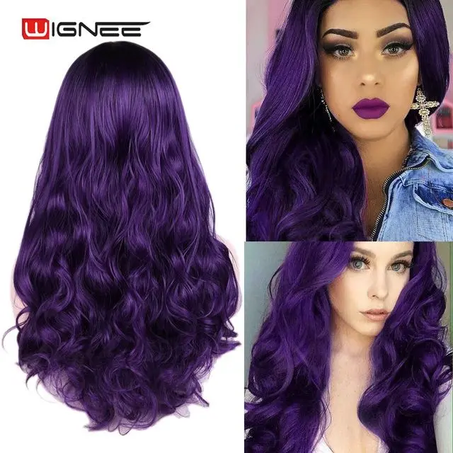 WIGNEE Bluish Light Blue Wig Synthetic Ombre Long Wavy Body Wave Side Part Heat Resistant Natural Hair Wigs For Women Cosplay Purple