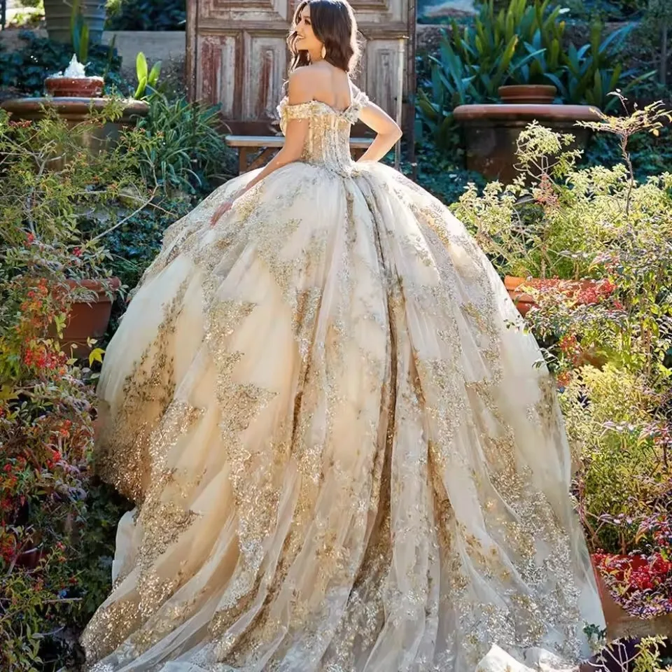 CustomizedVestido De 15 Anos Champagne Ball Gown Quinceanera Dress Gold Lace Appliqued Beaded Sweet 15 Party Dress Vestido De