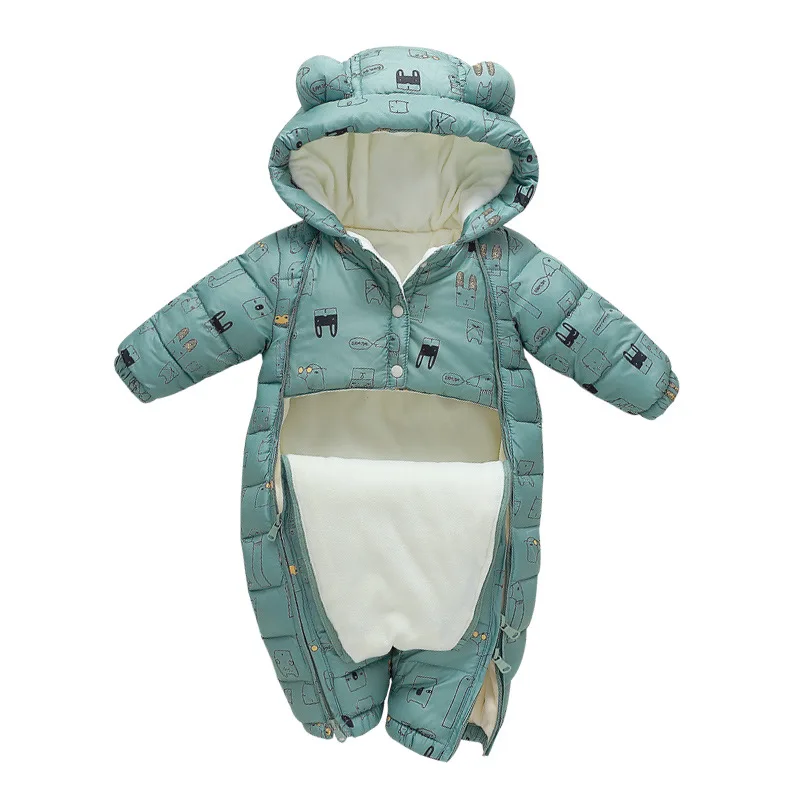 2022 Winter Warm New Born 3M 6M 9M 12M 70 80 90 100cm Toddler Infant Hooded Jumpsuit Overalls Coat Plus Velvet Baby Boy Rompers