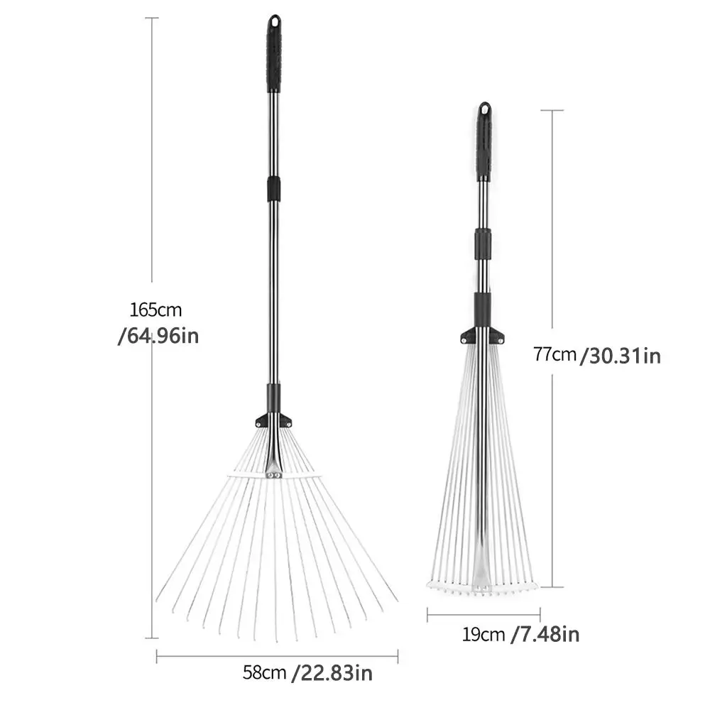 Garden Leaf Rake Expandable Cleaning Leaves Sticks Debris Telescoping Handle Flower Beds Roof Gardening Yard