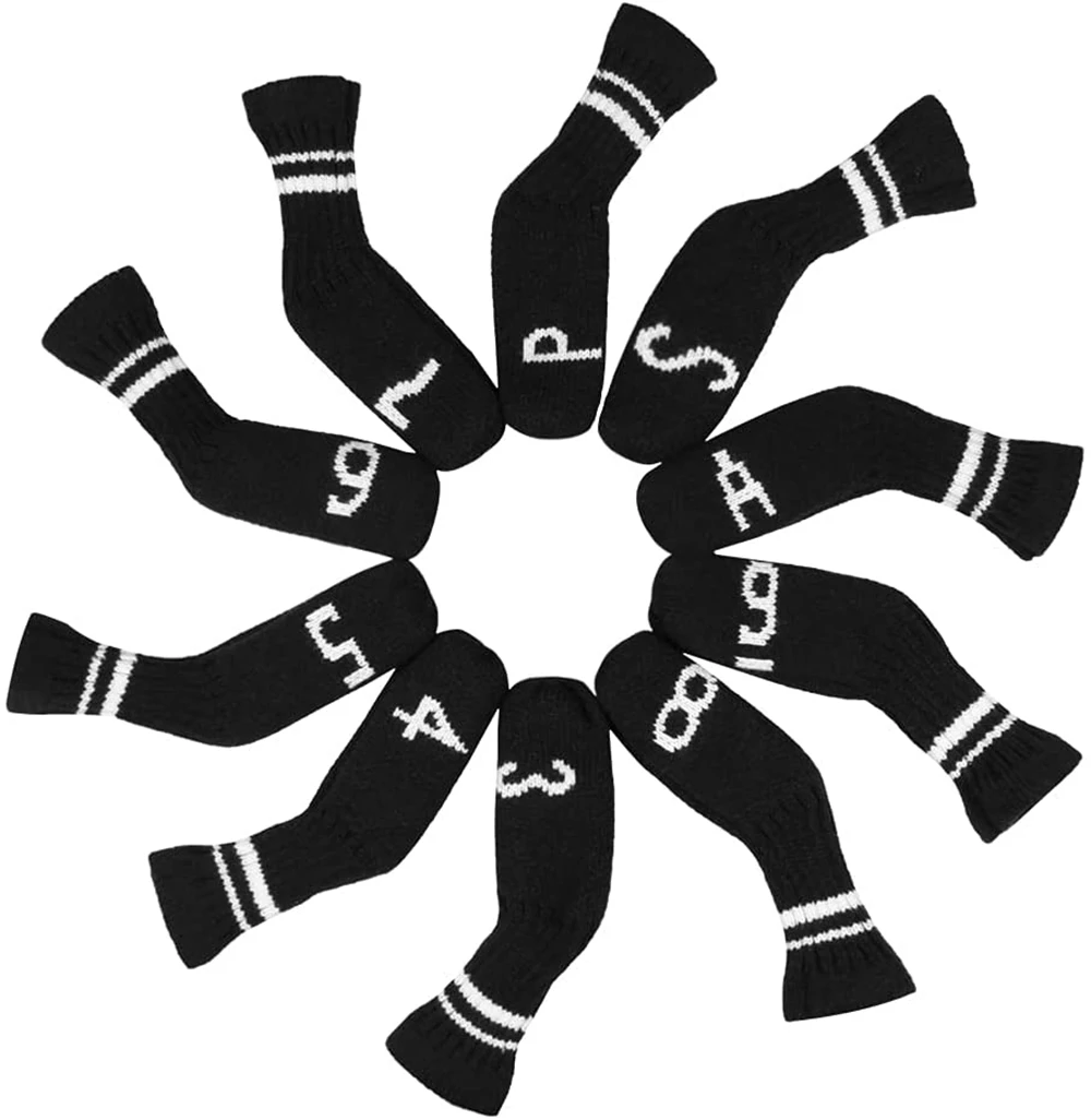 10Pcs Black Knitted Golf Headcover Covers Club Iron Golf Wedges Head Covers Knit Long-neck Sock Style Golf Headcovers Washable