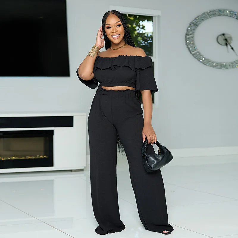 Women Pant Sets Solid Ankle Length Wide Leg Pants Tracksuit Two Pieces Slash Neck Ruffles Tops High Waist Slim Fit Sexy 2024