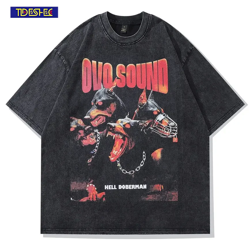 

Washed Oversized Men Gothic T-shirts Hip Hop Streetwear Doberman Dog Print Punk Tops New Summer Vintage Short Sleeve T Shirts