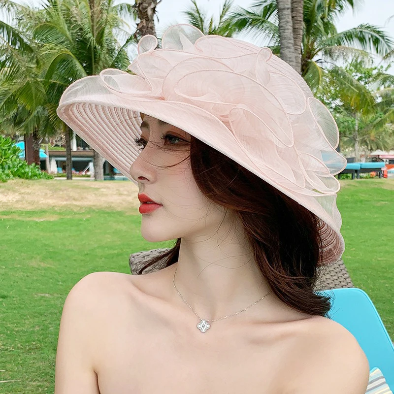 Trendy Organza Sunhats Flower Mesh Wide Brim Wedding Hat Ruffles Sunscreen French Outdoor Vintage Hat Wide Sides Sun Visor
