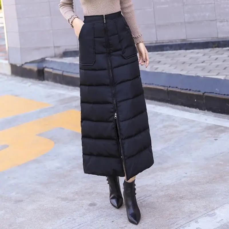 Winter Windproof Warm Zipper down Cotton f Skirt Faionable Long f Skirt plus Size Winter Skirt High Waist A-Line Skirt