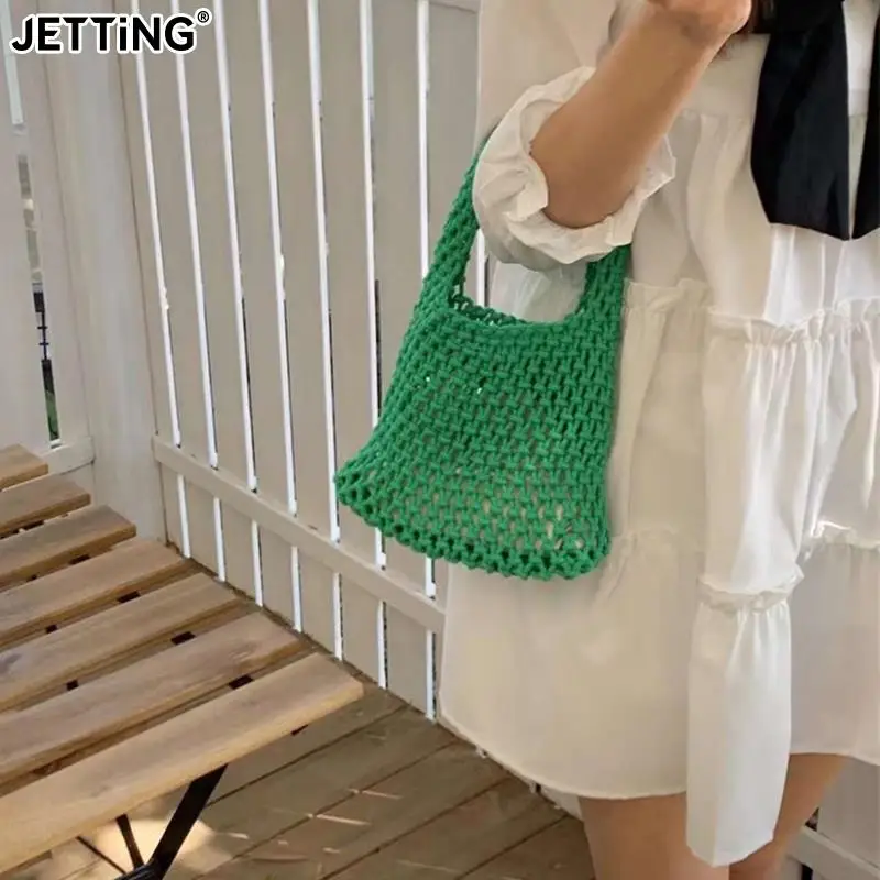 Summer Hand Woven Tote Bags Knitting Crochet Beach Shoulder Bag Hollow Out Handbag Ladies Knitting Straw Rope Underarm Bag