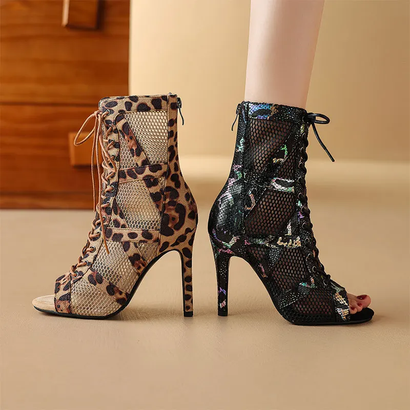 Women Leopard Print Latin Dance Shoes Women Jazz Tango Pole Dance Lace-up Sexy Mesh Boots New Soft Sole Indoor/Outdoor dance shoes