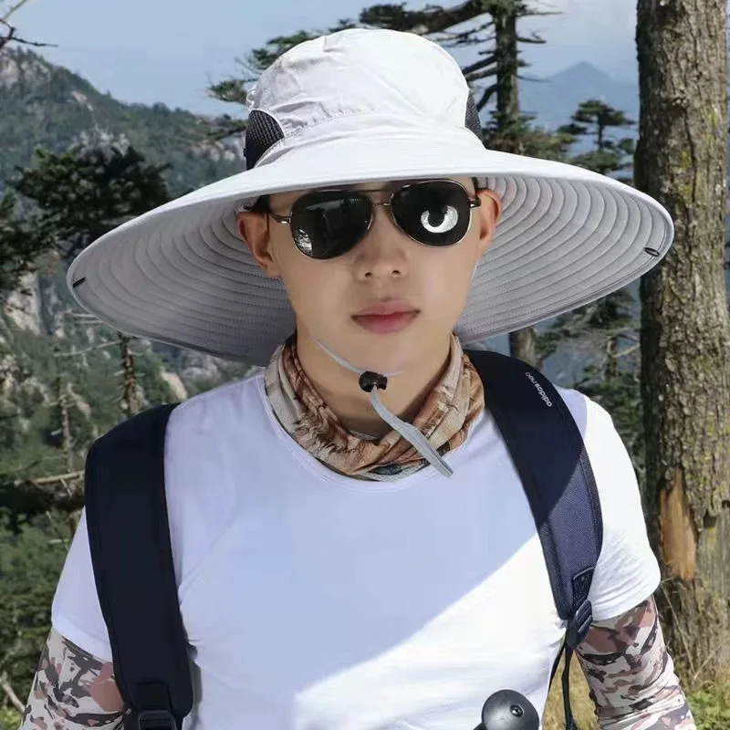 Sun hats 15cm Large Cap Polyester Sun Hat UV Protection Breathable Mesh Cap Foldable Fisher Hat Outdoor Fishing Hiking Beach Caps