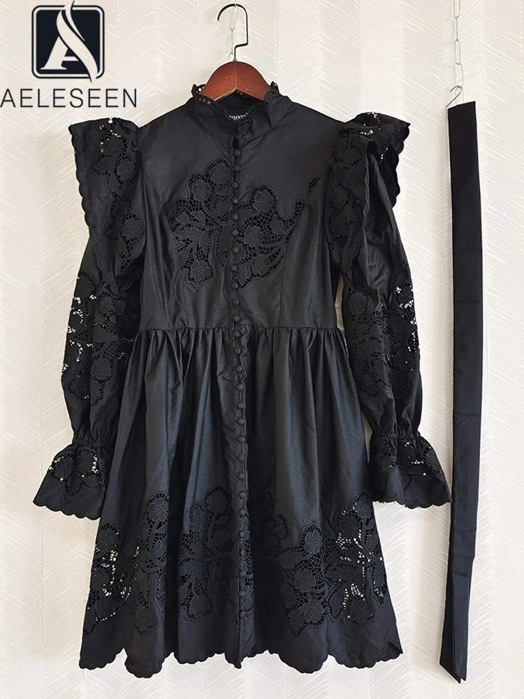 AELESEENFashionDesignerBlackDressWomenLongSleeveHollowOut