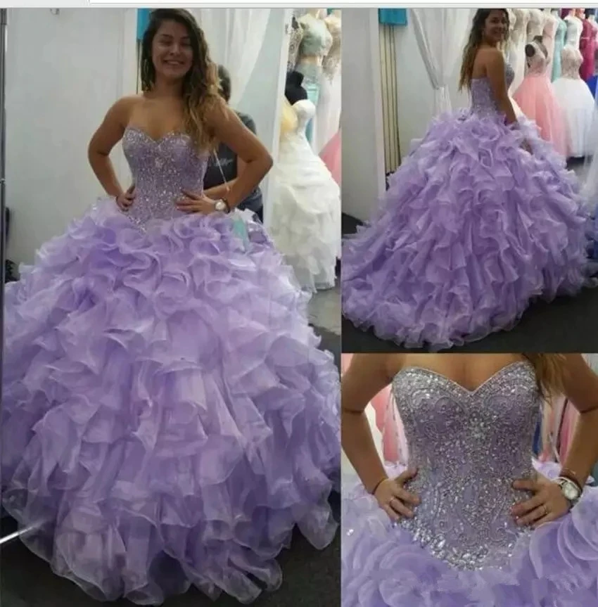 

Sparkly Lilac Sweetheart Party Dresses Quinceanera Dresses 15 Party Beaded Organza Special Occasion Princess Birthday Gowns