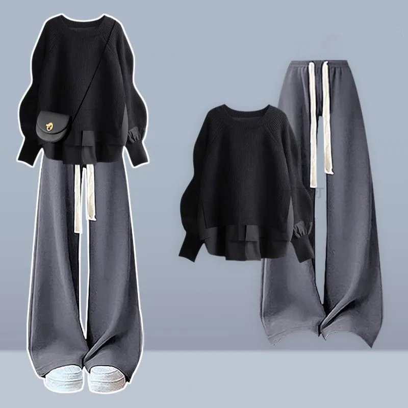 2025 Autumn/Winter New Korean Elegant Fake Two Piece Knit Sweater Top+Casual Pants Suit Women's Fashion Tracksuit Matching Set