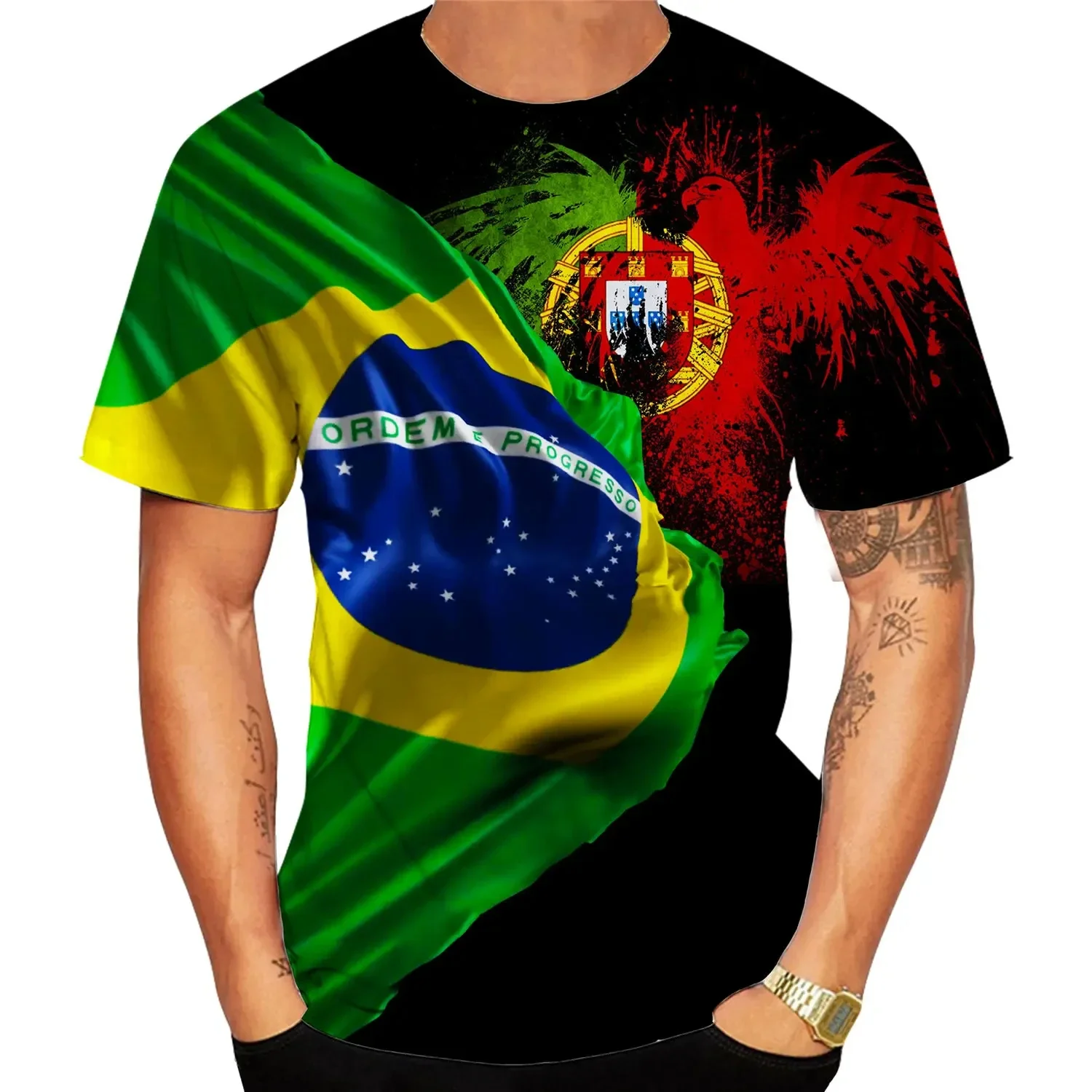 S7ec003f8718a4d2db95adf49f49639261 Camiseta 3D Bandeira Portugal e Brasil — Unissexo, Manga Curta 2024