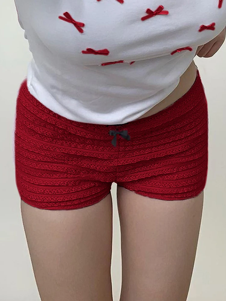 IAMSURE Casual Sweet Cute Bow Lace Shorts Vintage Sexy Slim Basic Low-Waisted Shorts Women 2024 Summer Fashion Streetwear Ladies