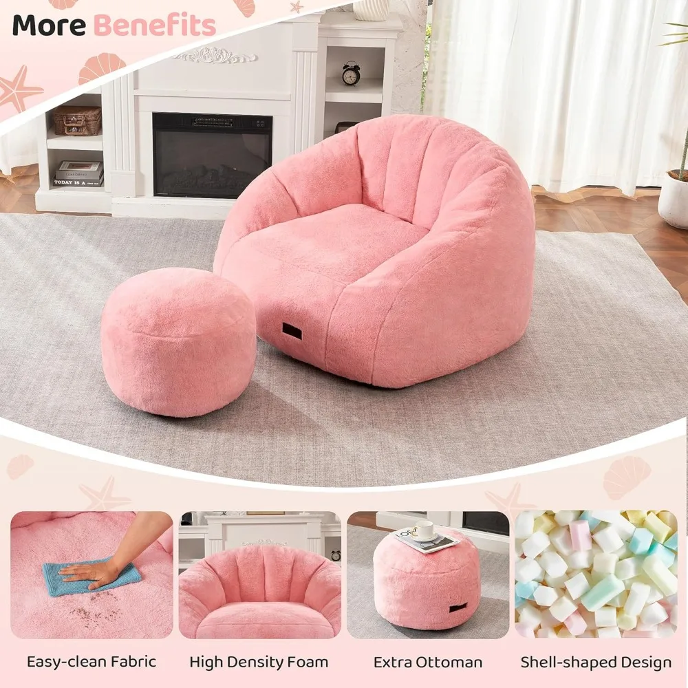 Giant Faux Fur Bean Bag Chair with Ottoman, Shell-Shaped Lounge Sofa for Living Room Bedroom, Pink
